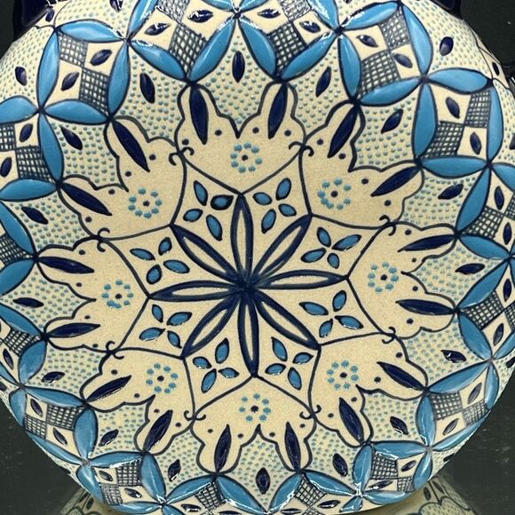 VTG Javier Servin signed Blue Majolica Floral Ceramic Flask - Picture 2 of 8